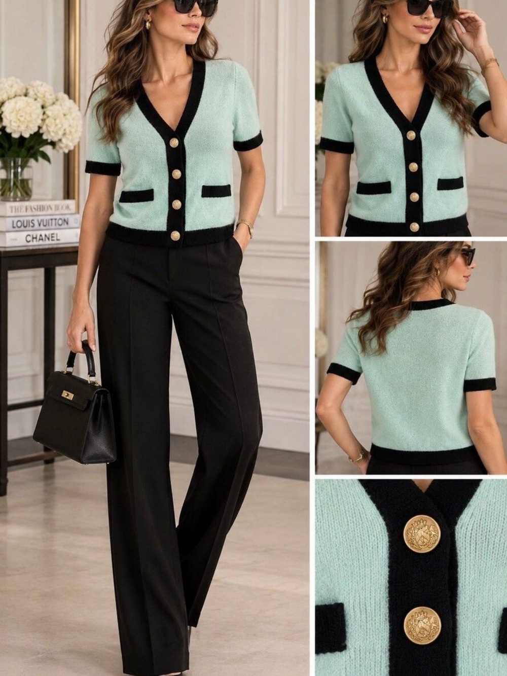 Express Mint and Black Short-Sleeve Knit Cardigan XL